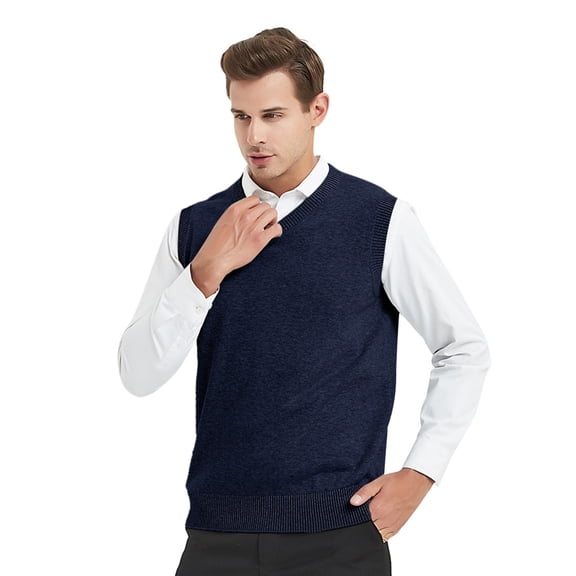 Toptie Men Business V-Neck Knitted Sweater Vest, Cotton Fit Casual Solid Plain Sleeveless Pullover-Navy-L