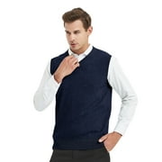 TOPTIE Mens Business Solid Color Plain Sweater Vest, Cotton Fit Casual Pullover-Navy-L