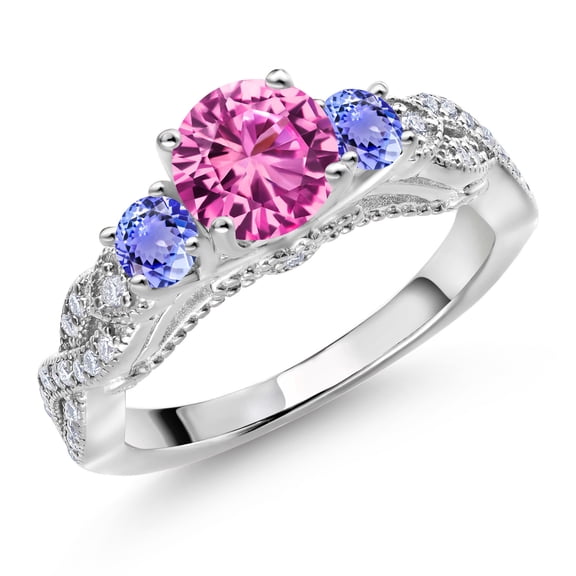 Gem Stone King 925 Sterling Silver Pink Created Sapphire Blue Tanzanite and White Moissanite Engagement Ring for Women (1.57 Cttw, Gemstone September Birthstone, Round 6MM and 3MM, Size 5)