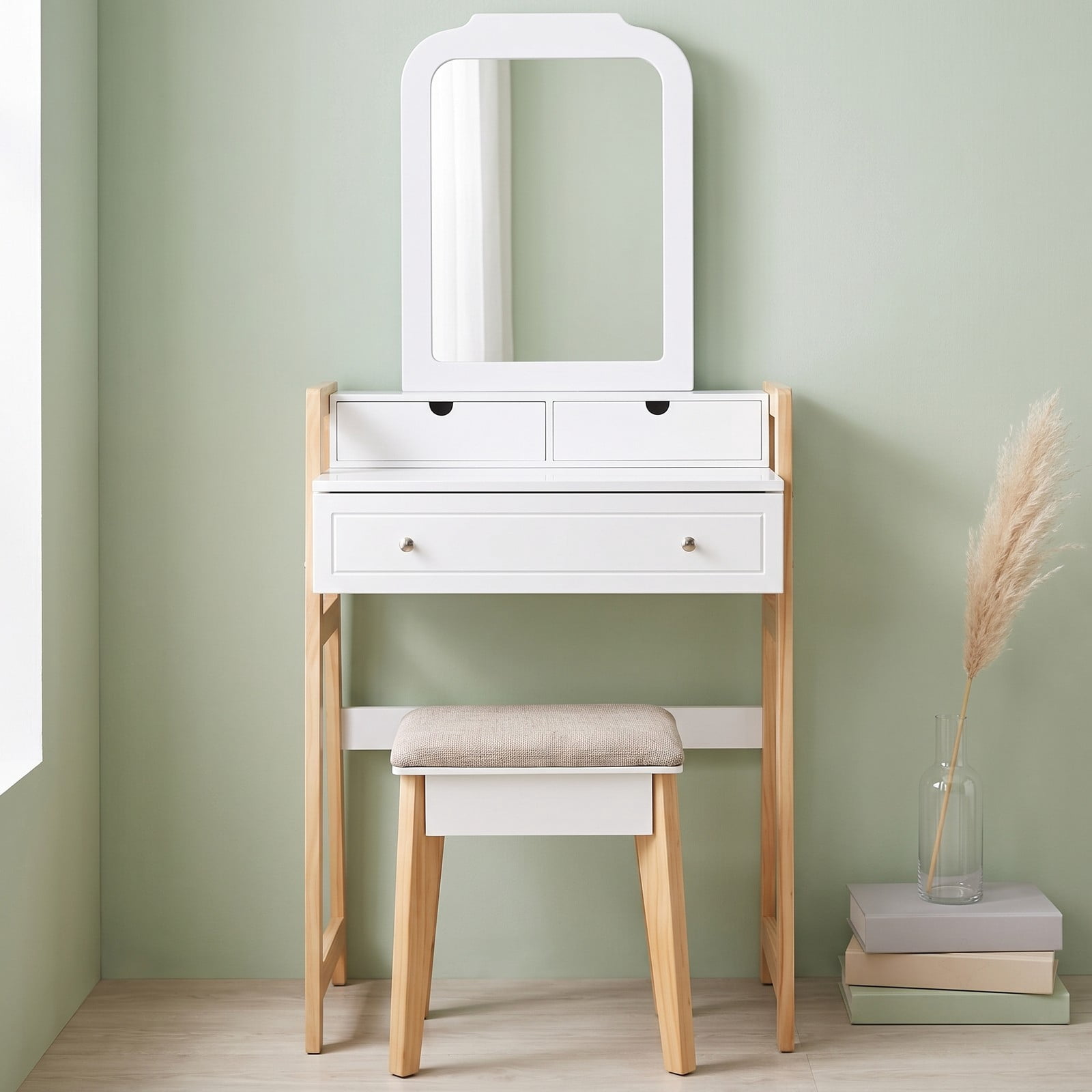 Furnibear Vanity Table Set with Large Mirror and Cushioned Stool, Makeup Dressing Table with 3 Drawers and 2-Tier Tabletop, White