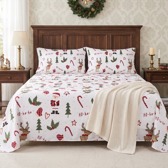 Gogreen Christmas Queen Sheet Set 4-Piece, Microfiber Bed Sheets Deep Pocket, Soft Breathable Wrinkle Resistant Holiday Bedding(Christmas Deer)