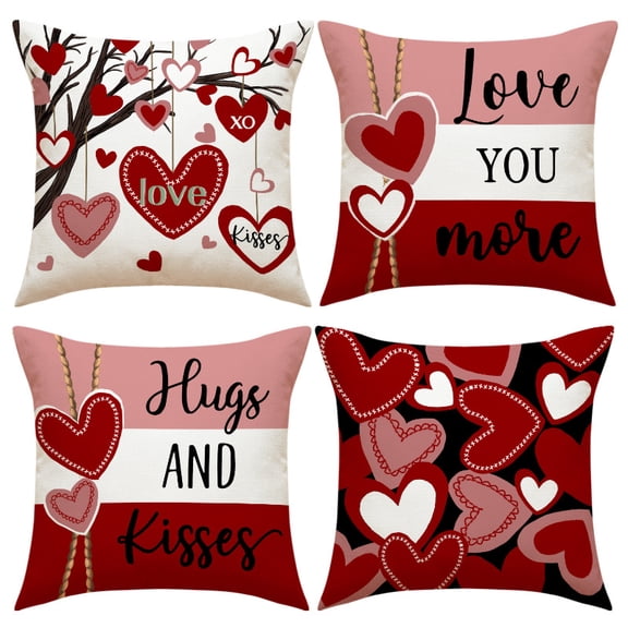 PRIYAL Valentines Day Decor-Throw Pillow Covers,Valentine Linen Pillow Case with Red Heart Tree for Couch Sofa Home Holiday Decorations 18x18 in Set of 4