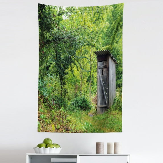 Outhouse Tapestry, Old Cottage Outhouse in a Spring Mountian Forest Woods Image, Fabric Wall Hanging Decor for Bedroom Living Room Dorm, 5 Sizes, Fern Green and Brown, by Ambesonne