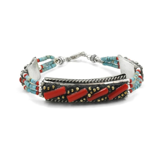 Tibetan Silver Handmade Boho Bracelet for Women & Men, Compressed Turquoise & Coral Gemstones, Oxidized Silver Plated Tribal Jewelry
