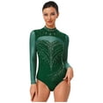 thumbnail image 3 of Oyolan Rhinestone Sparkly Artistic Gymnastics Bodysuits for Women Mesh Long Sleeve Ice Skating Dark Green M, 3 of 7