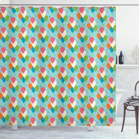 Colorful Shower Curtain, Party Time Themed Balloons and Stars Simple Arrangement with Grunge Effect, Fabric Bathroom Set with Hooks, 69W X 84L Inches Extra Long, Multicolor, by Ambesonne