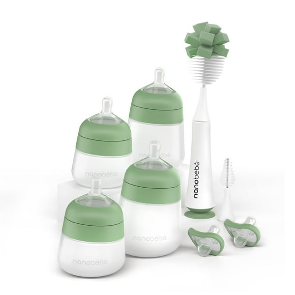 Set de biberones para bebé NANOBÉBÉ Flexy 5oz y 9oz en silicona color salvia