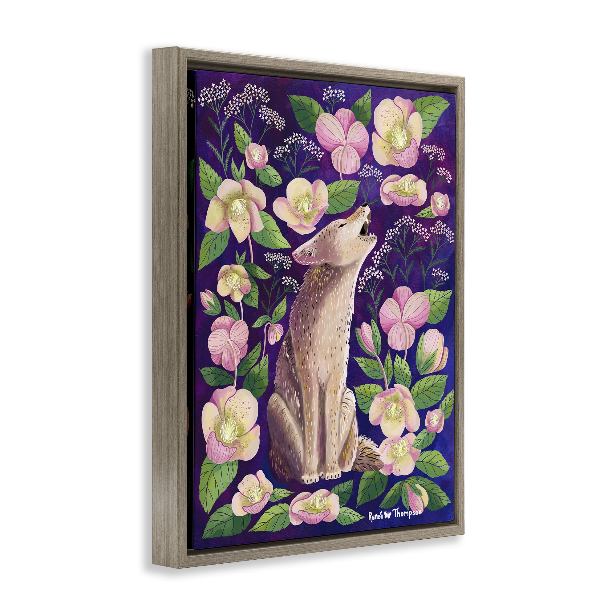 Stupell Industries Coyote & Pink Florals Animals Painting Brown Floater Framed Canvas Art Print Wall Art, 25 x 31