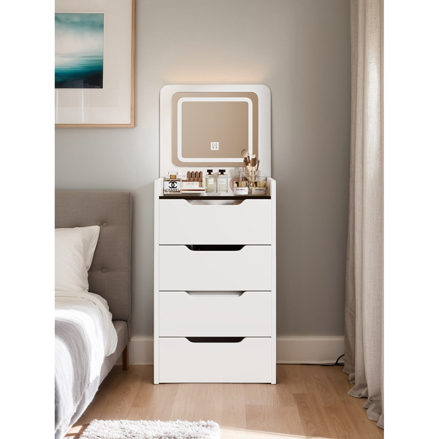 3 in 1 Vanity Desk with Plip Top Mirror, Small Make Up Vanity Set with Visible Glass Desktop, Compact Makeup Vanity with 3 Drawers, Dressing Table for Bedroom