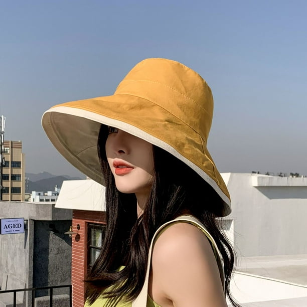 Jewbiu Women's Sun Hat Cotton Bucket Hat Fashion Summer Beach Wide Brim Hat Travel Packable Reversible Double-Side-Wear Cap(Yellow)