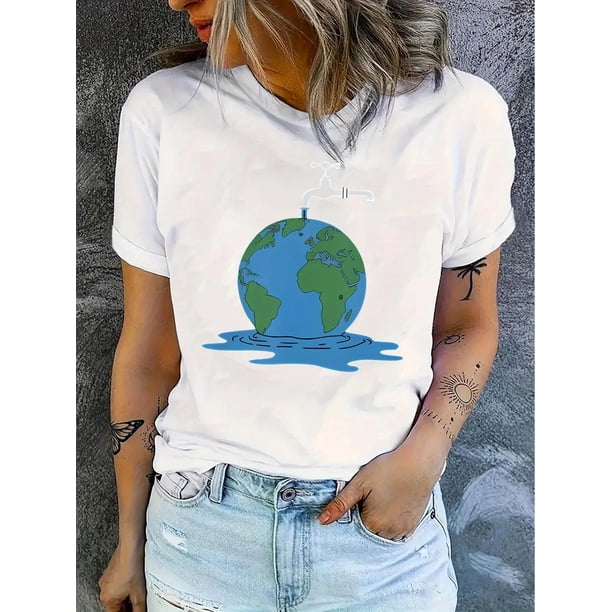 Camiseta gráfica informal para mujer - Diseño Earth & Faucet, algodón suave, cuello redondo y manga corta, cómoda camiseta de verano para uso informal, camisetas para mujer, camisetas de ocio.