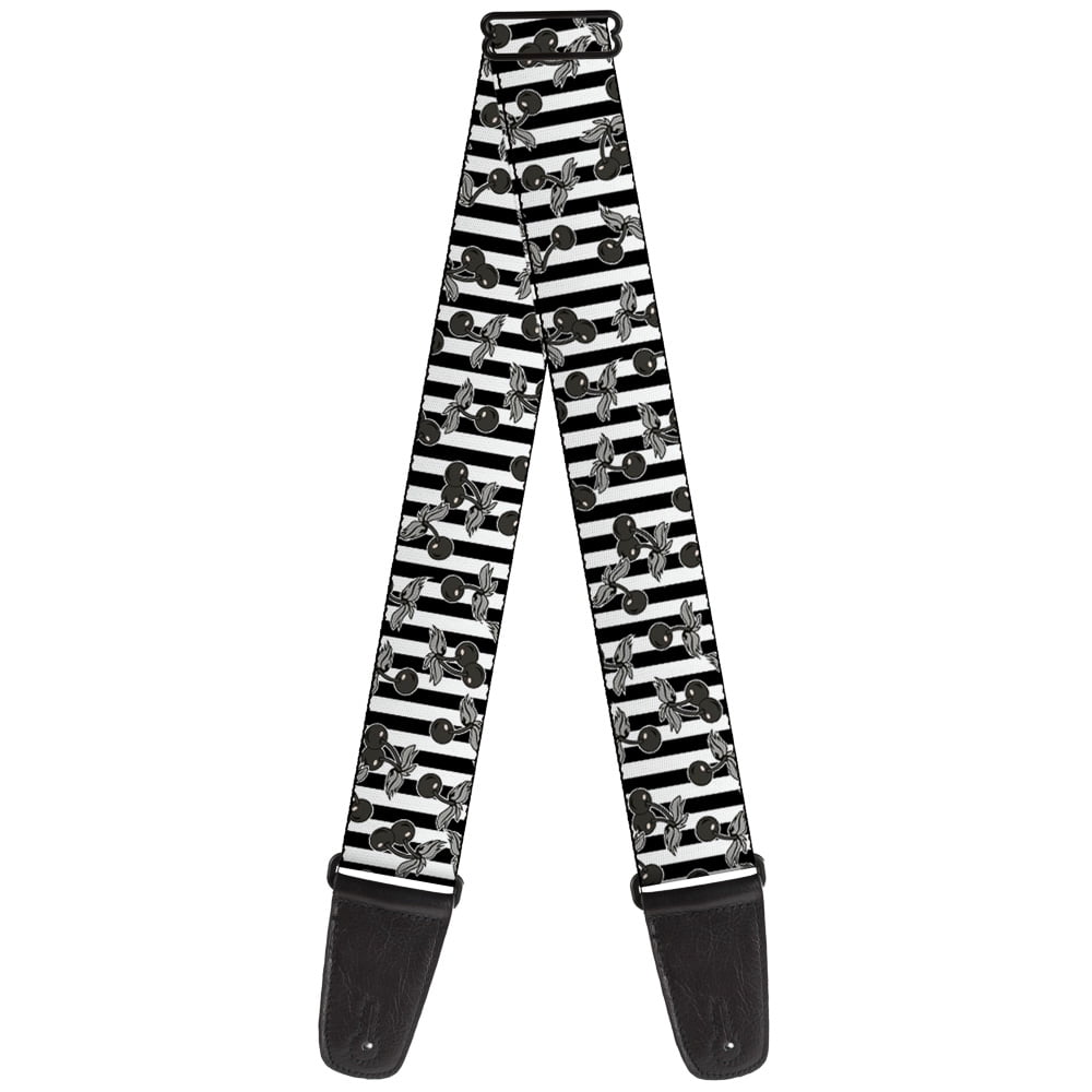 Buckle-Down Guitar Strap, Cherries Scattered Vertical Stripe White Black Grays, 2 Inches Wide