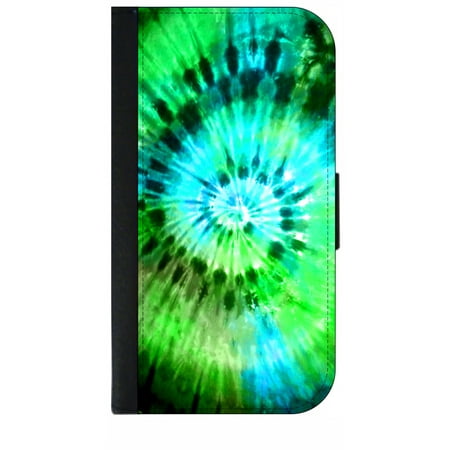 blue green tie dye wallet style phone case with 2 card slots