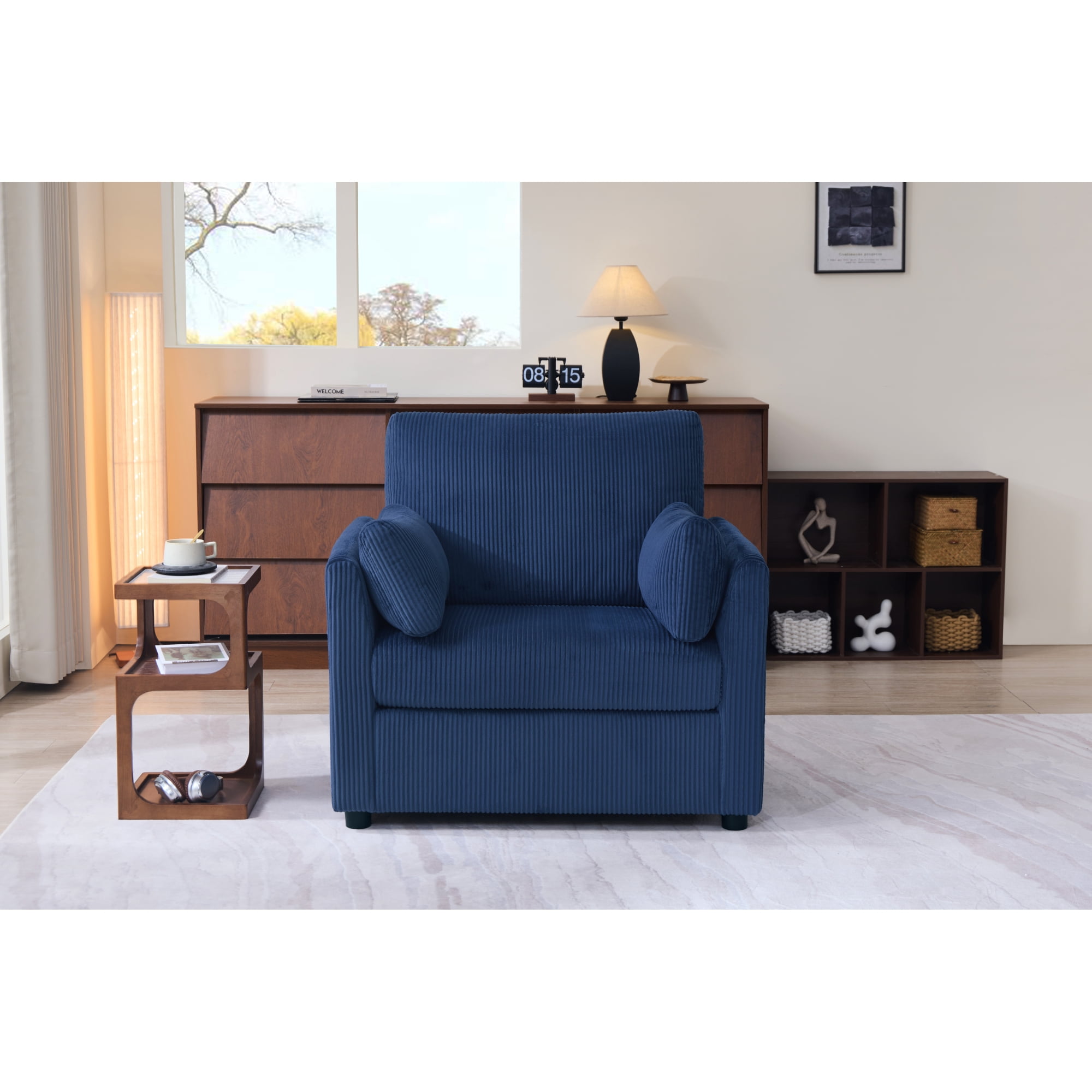 Leumius Corduroy Accent Chair, Modern Upholstered Single Sofa Armchair with 2 Pillows and Side Storage Pockets,Comfy Oversized Reading Chair for Living Room, Bedroom, Apartment,Gray