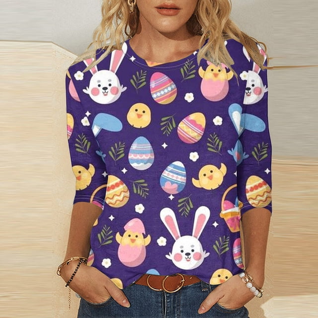 Xihbxyly Hauts à Manches 3/4 Grande Taille pour Femmes Mode et Loisirs pour Femmes Haut à Manches Courtes à Col Rond Imprimé de Pâques