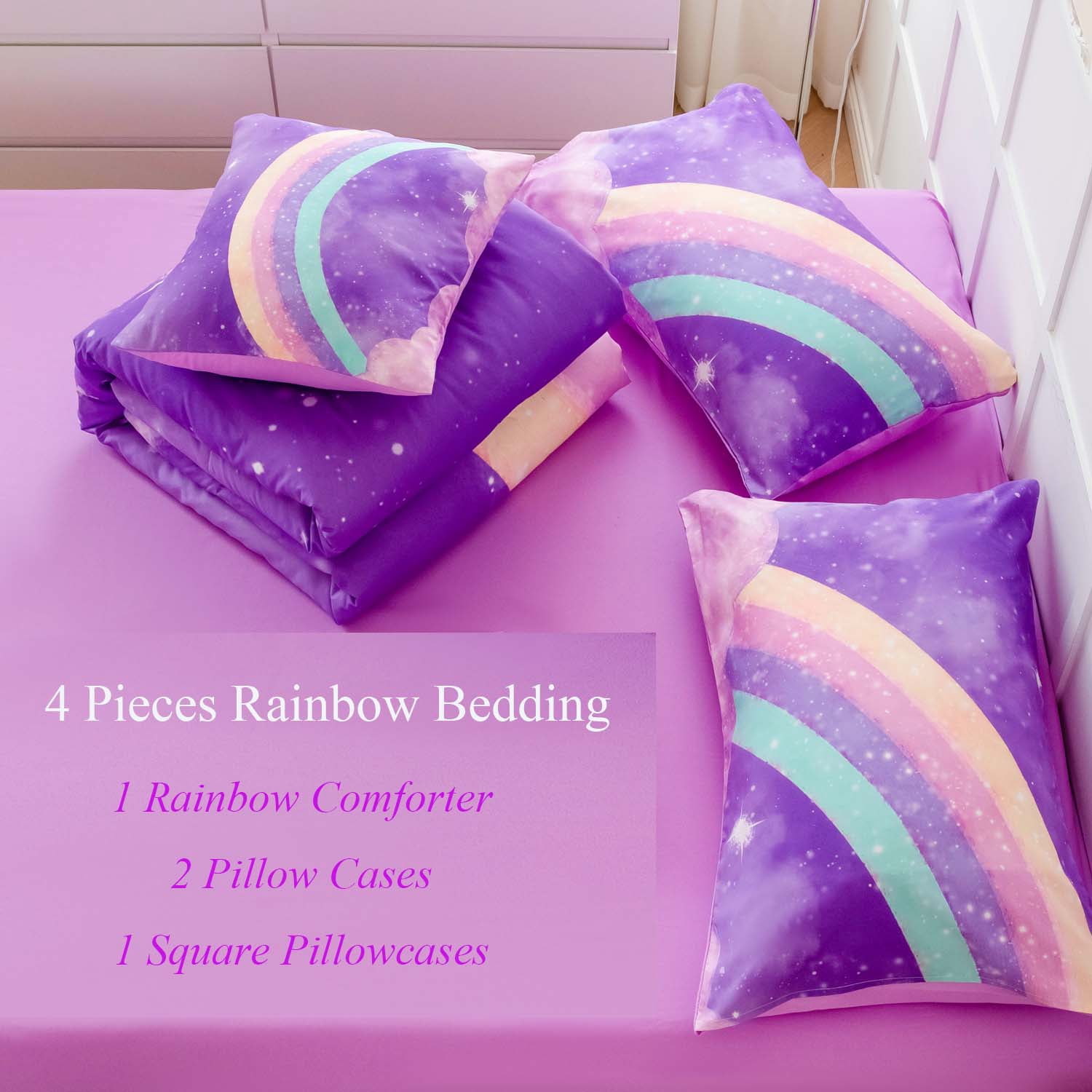 URBONUR 4 Pieces Girls Comforter Set Twin, Purple Rainbow Kids Bedding Set for Girls, Glitter Galaxy Bed Comforter Set with Pillowcases