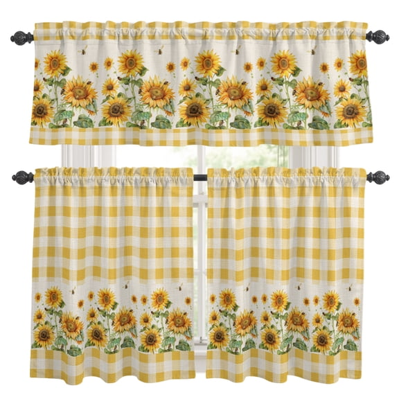 Farmhouse Sunflowers Kitchen Curtains and Valances Set, Yellow And White Plaid Linen Texture Rod Pocket Window Valance Window Curtain Panels for Living Room Bedroom Laundry, 27.5x36in, 3 Pieces
