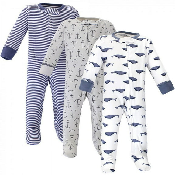 Touched by Nature Baby Organic Cotton Zipper Sleep and Play 3pk, Blue Whale, Preemie