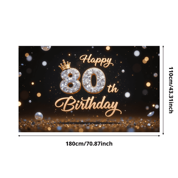 Decorative Design Happy 80th Birthday Banner Elegant Style Crown Decoration Backdrop for Milestone Celebration Event Decoration Holiday Party