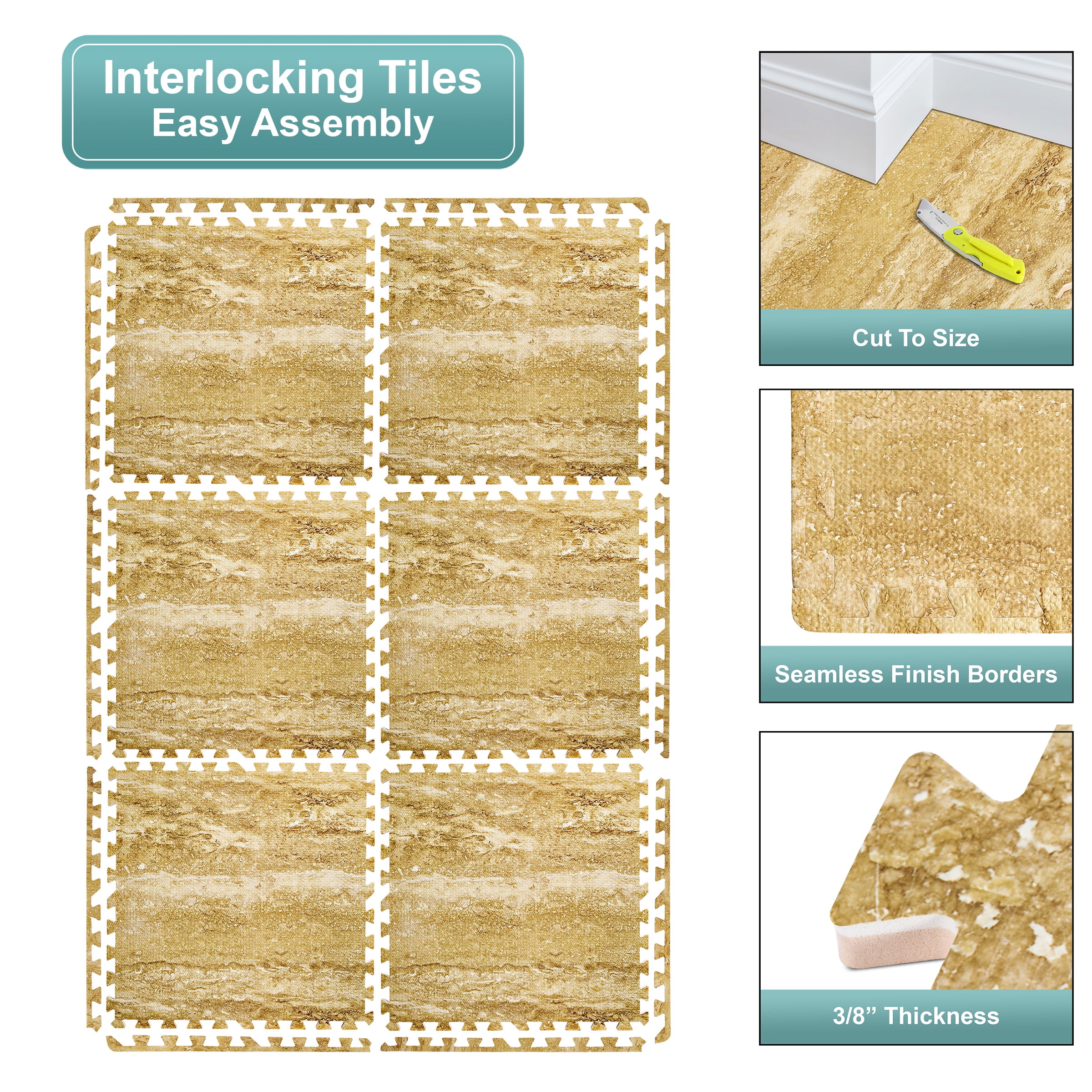 Sorbus 96 Sq. Ft. Wood Grain Floor Tiles Foam Mat EVA Interlocking Mats Tile 3/8-Inch Thick Flooring Wood Puzzle Exercise Mats w/Borders - Home Playroom Basement, Apartment, Trade Show, Baby, Dance