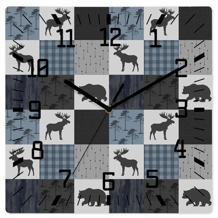 Blue Cabin Check Wooden Wall Clock Silent Non Ticking, Rustic Bear Elk Farmhouse Buffalo Plaid Square Wall Clocks Battery Operated, Decor Clock for Home Office, Living Room, Kitchen, 10 Inch
