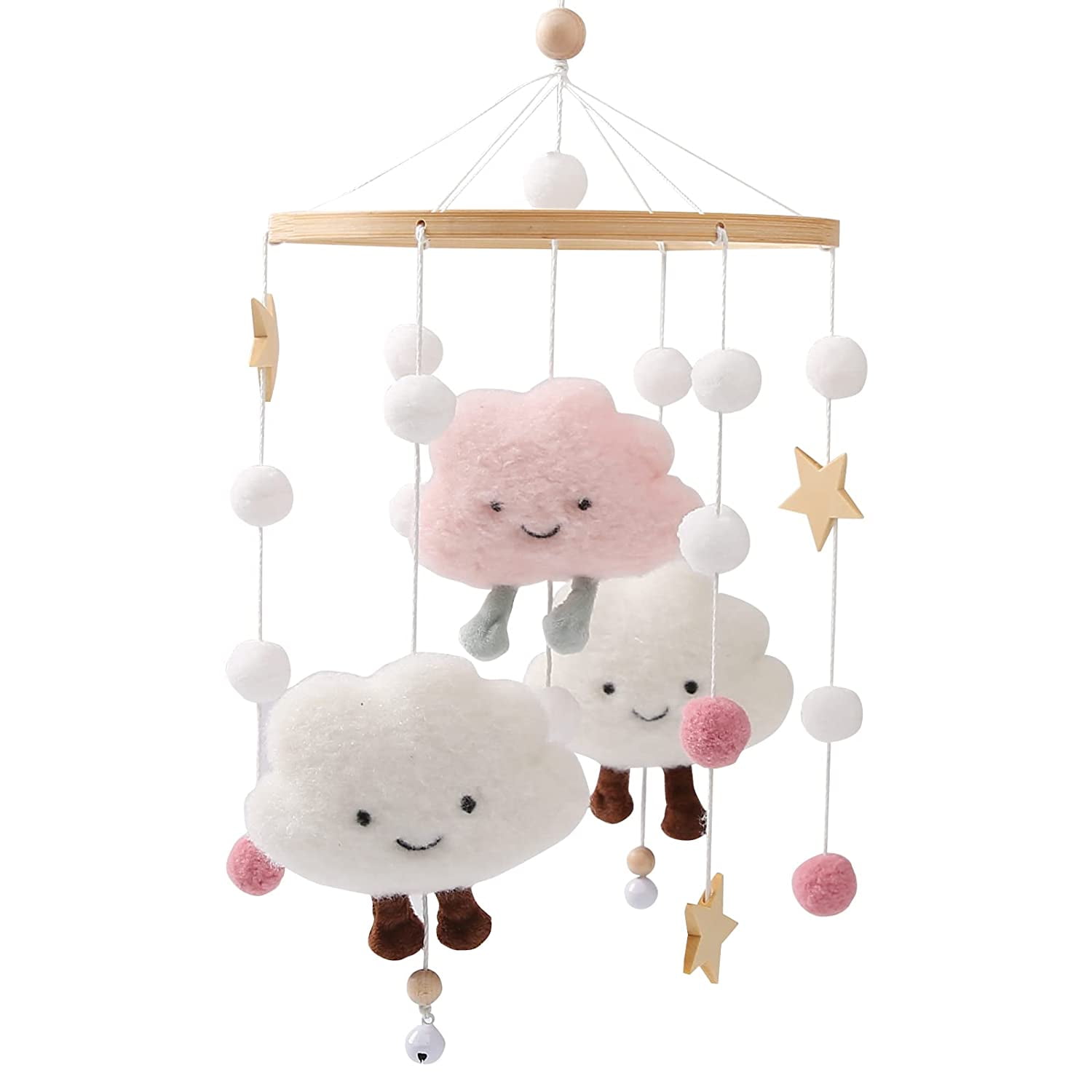 Baby Crib Mobile - HBM Nursery Mobiles Natural Baby Girl Mobile for Crib  with Felt Cloud Wooden Crib Hanging Toys Handmade Cotton Balls