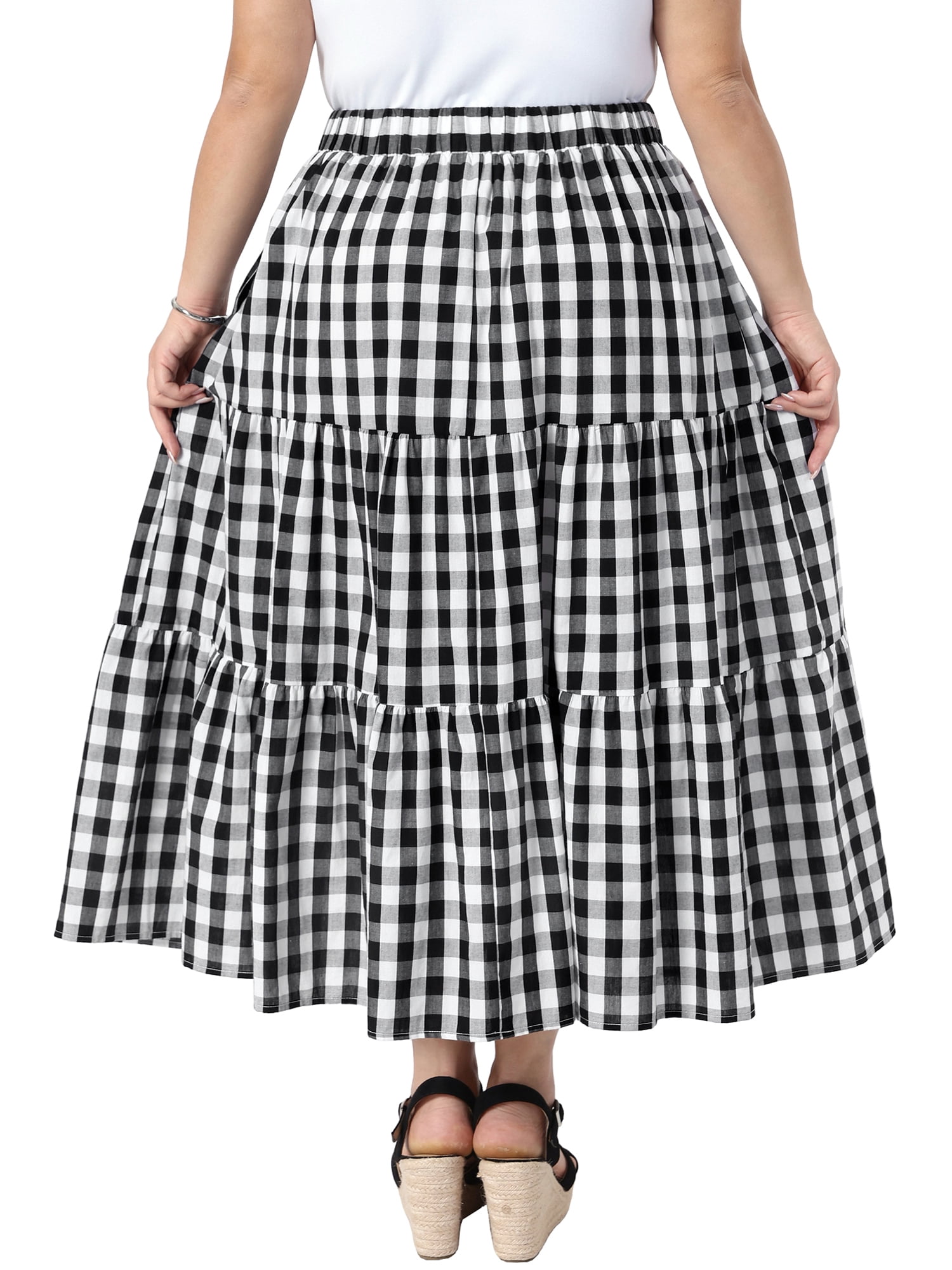 DARING DIVA Women's Plus Gingham Tiered Layer A Line Skirts 2X Black