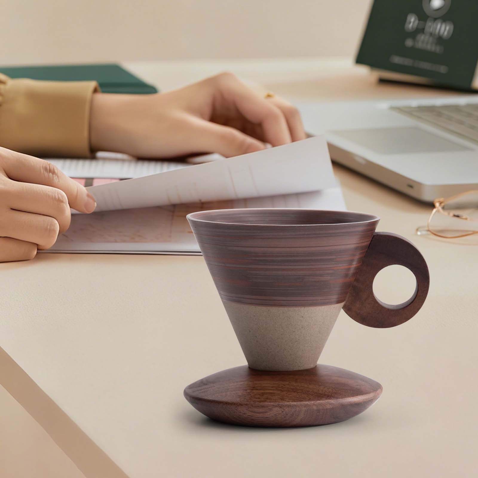 Elegant Conical Ceramic Coffee Cup with Solid Wood Base, Vintage Coarse Pottery Funnel-Shaped Mug for Home, Handcrafted Heat-Resistant Tea Coffee Cup, Pour-Over Espresso Brewing Mug, 200ml