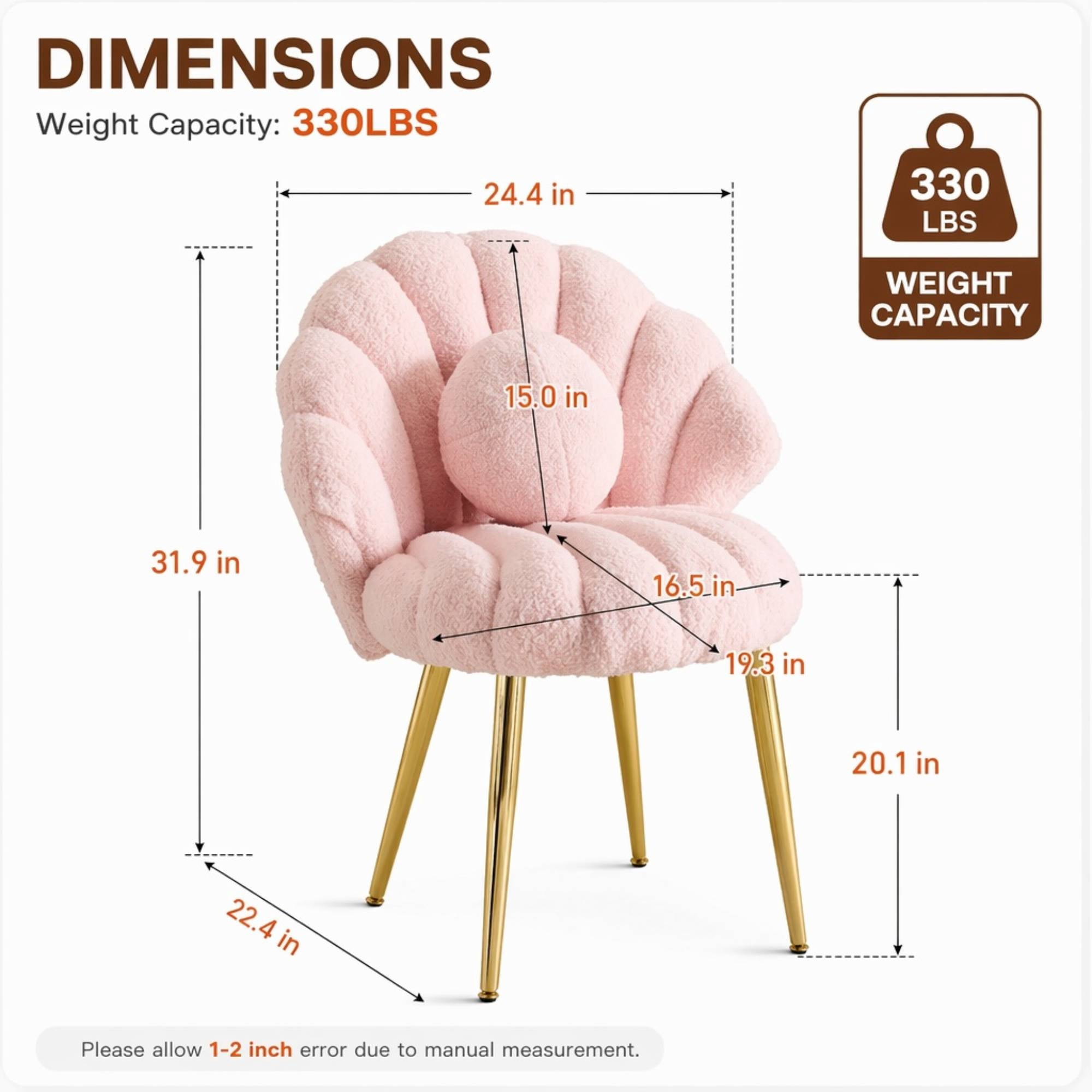 Ktaxon Vanity Makeup Chair with Teddy Velvet, Shell Design Accent Desk Chair with Lumbar Pillow and Gold Legs, Office Seating for Women Pink