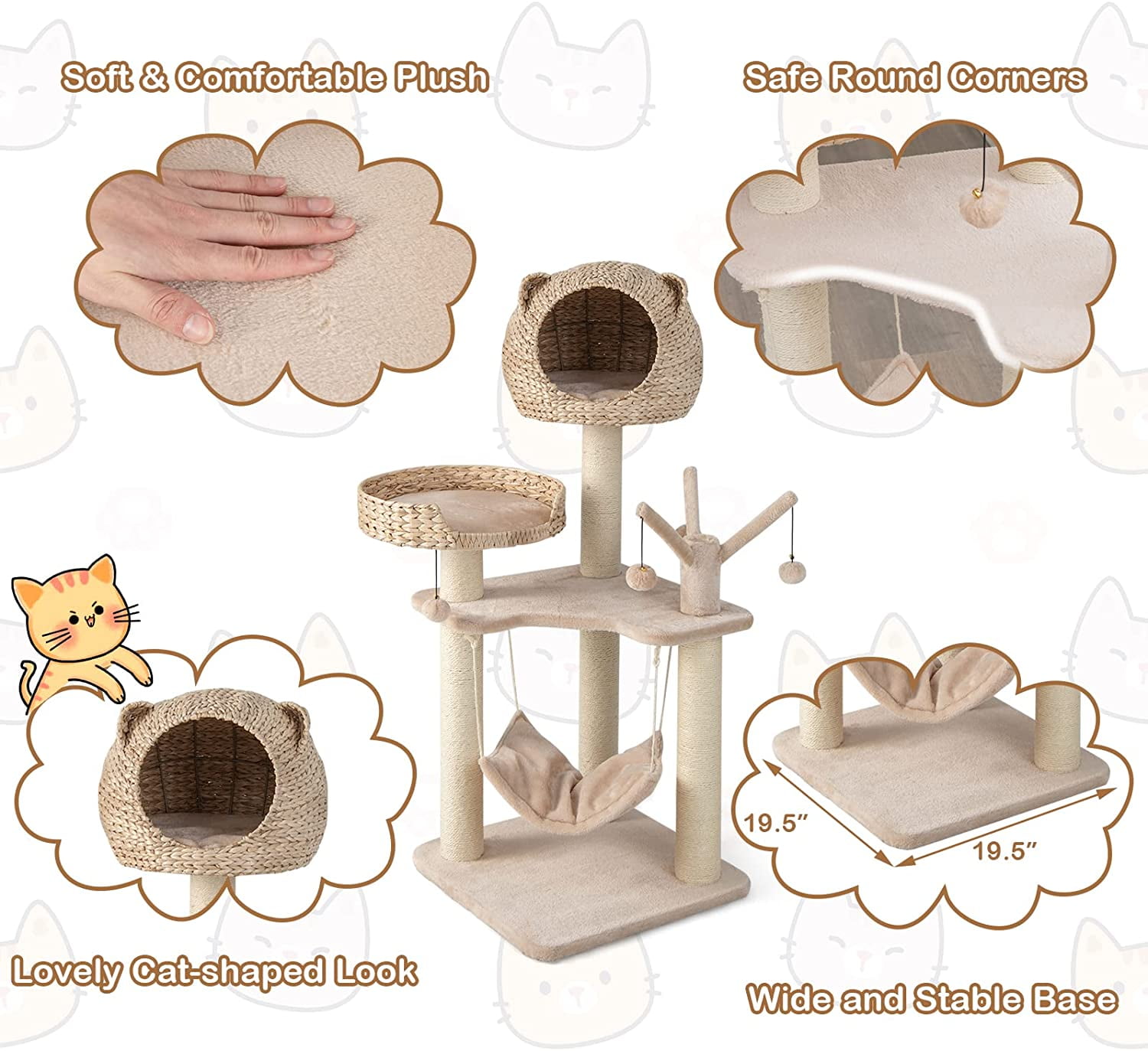 LEHOME Modern Cat Tree Tower, Multi-Level Tall Activity Center with Natural Sisal Scratching Posts, Hammock, Hand-Made Cattail Cute Condo with Funny Toy Balls