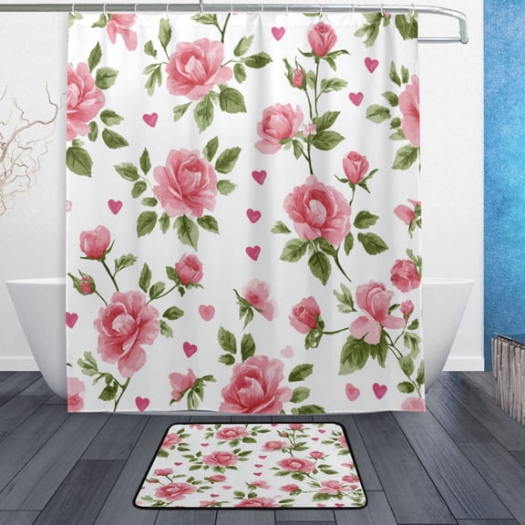 TTYFWHD 60" x 72" Shower Curtain and Bath Mat Set Floral Rose Seamless Print Waterproof Bathroom Curtain with 12 Hooks, Bathroom Decor Set