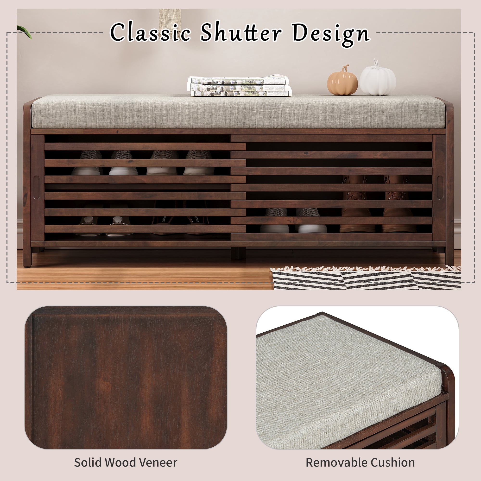 Euroco Shoe Bench with Storage and Cushion, Distressed Shutter Storage Bench with Retro Charm for Living Room, Entryway (Espresso)