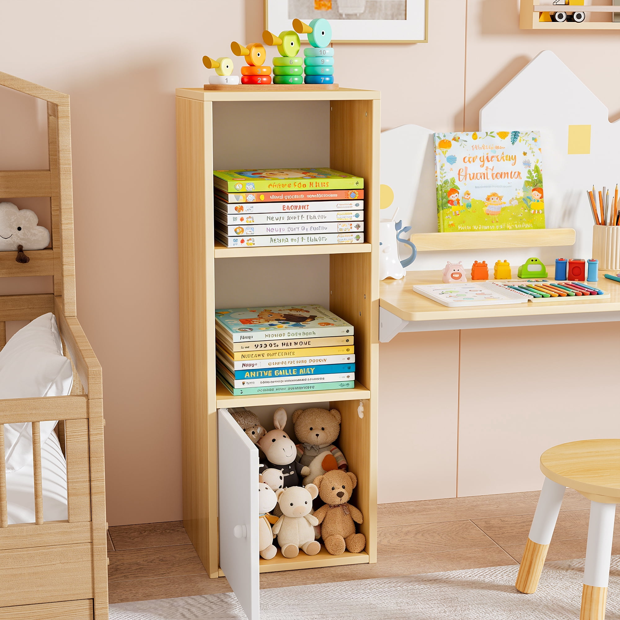 Reasea Kids Desk with Bookshelves & 2 Stools, Wooden Study Table Set with 5 Storage Cabinets, Children Writing & Drawing Table