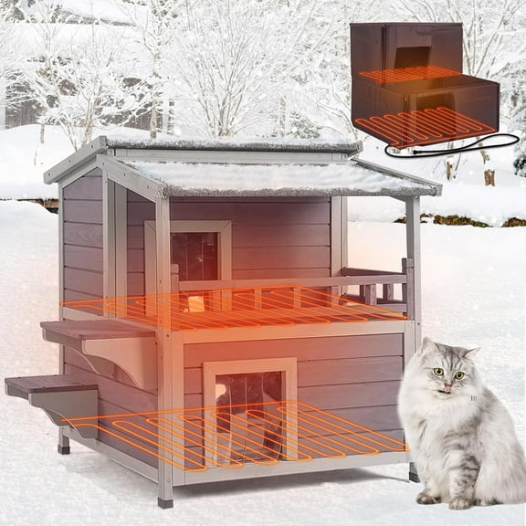 Aivituvin Heated Cat House for Outdoor Cats 2-Stroy Insulated Kitty Shelter with Heater for Winter,Waterproof Great for Indoor & Outdoor Use