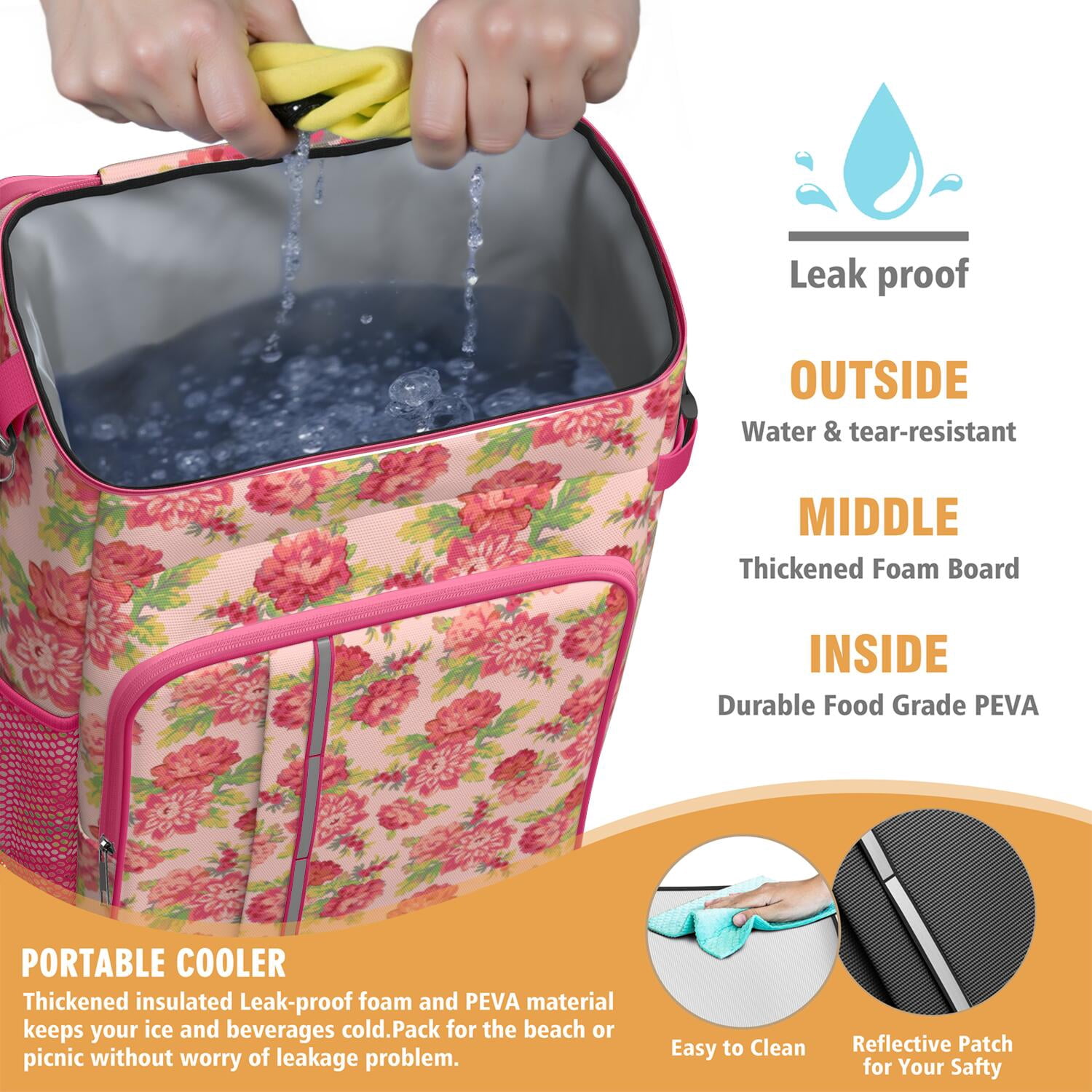 Travel Cooler Bag - Pioneer Flower Floral Print Pattern Camping Beer Cooler Backpack with Bottle Opener- Waterproof Insulated Picnic Backpacks - Cooler Bag for Beach