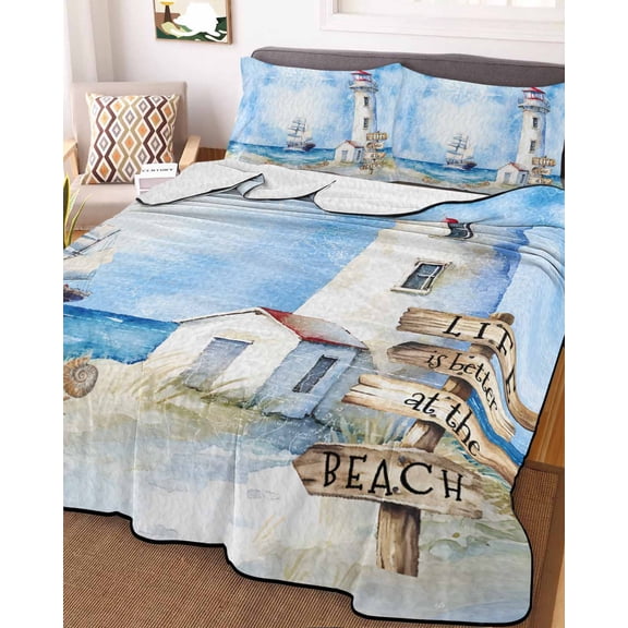 Nautical Blue King Size Down Alternative Comforter, Lightweight Comforter Quilt Bedding Set with Pillow Shams Lighthouse Ocean Sailboat Summer Painting All Seasons Bed Comforter Duvet Insert 96"x106"