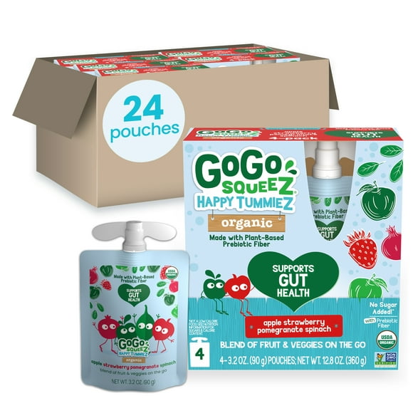 GoGo SqueeZ Happy tummieZ Apple Strawberry Pomegranate Spinach Snack Pouches, 3.2 oz, 4 Pack