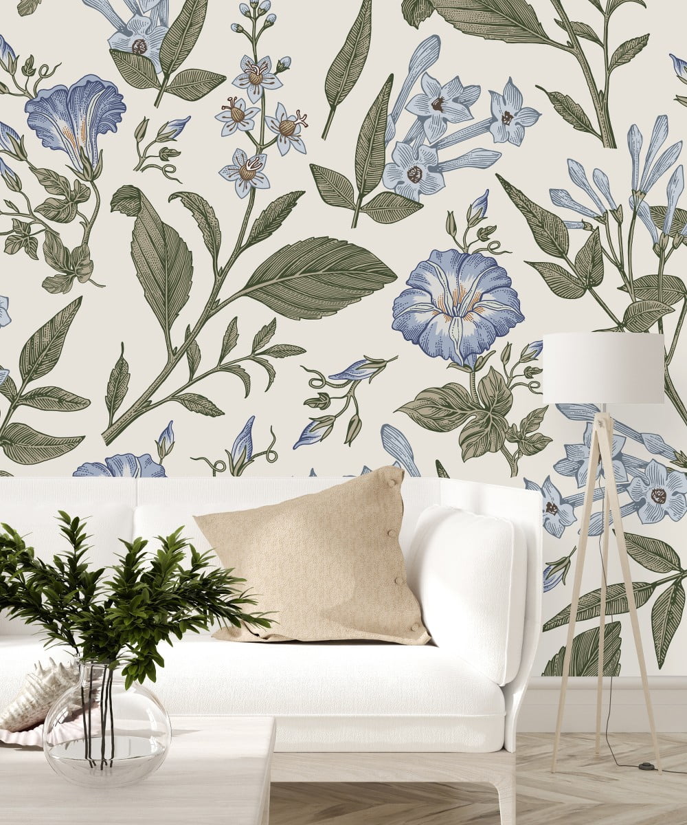 White Wallpaper with Wildflowers