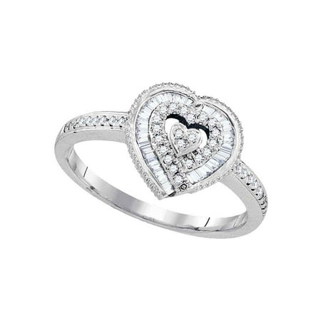 One Love Round Ring - 10kt White Gold Womens Round Diamond Heart Love Ring 1/4 Cttw