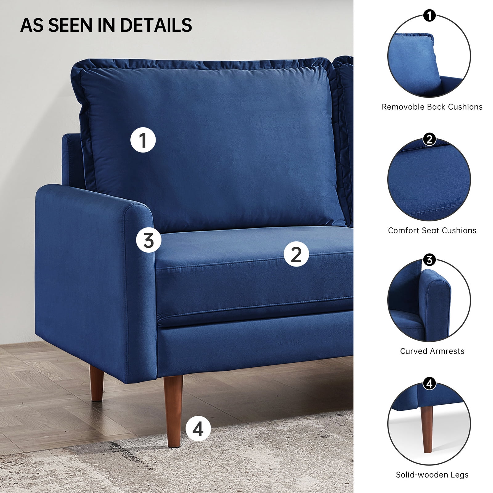 Zephyr 69" Modern Contemporary Sofa, Velvet Upholstered Loveseat Couch with Tassle Sewn Back Cushion, Blue