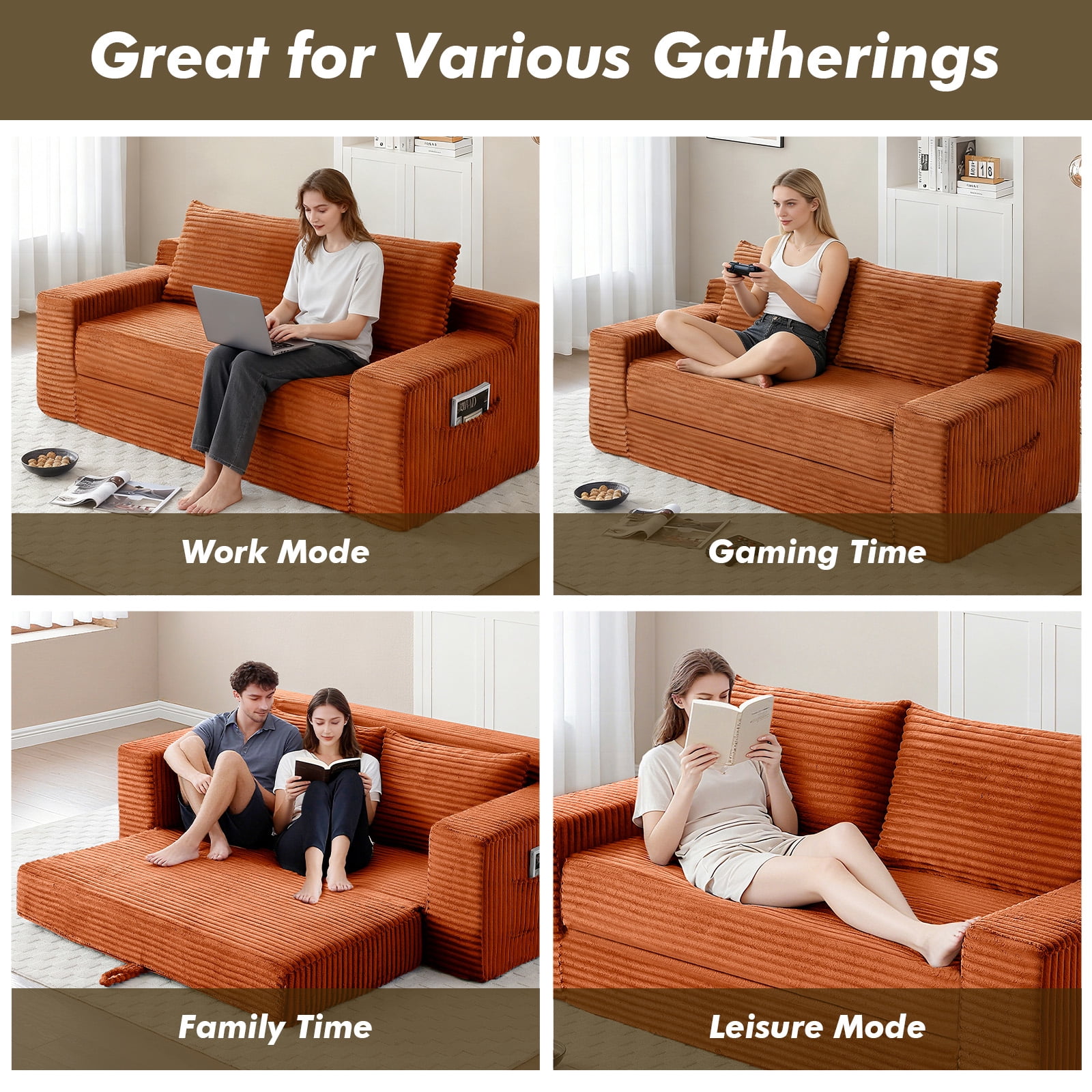 Memory Foam Cloud Sofa Bed 2-in-1 Couches No Assembly Corduroy Small Space Apartment Living Room,orange
