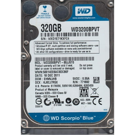 WD3200BPVT-80JJ5T0, DCM EHMVJHB, Western Digital 320GB SATA 2.5 Hard Drive
