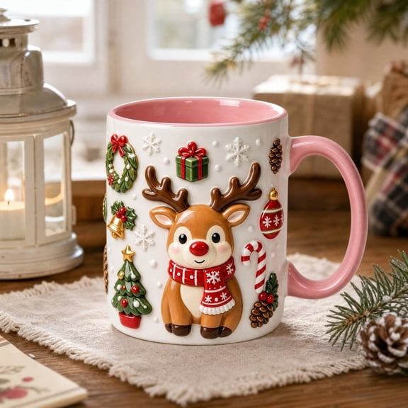 Hometravel Christmas Reindeer Ceramic Coffee Mug, Milk Cup with Flat Design, Holiday Drinkware for Home Kitchen and Christmas Gift