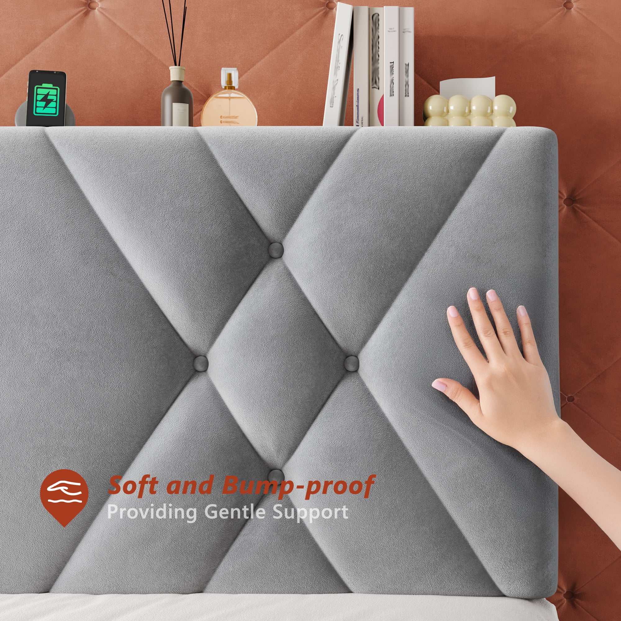 EnHomee Full Size Bed Frame with 2 Drawers &  Storage Platform Upholstered Bed Frame  with Headboard & LED Lights & Charge Station, Gray