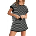 thumbnail image 2 of Women Summer 2 Piece Sets Striped Short Sleeve T Shirts and Shorts Matching Set Black L, 2 of 7