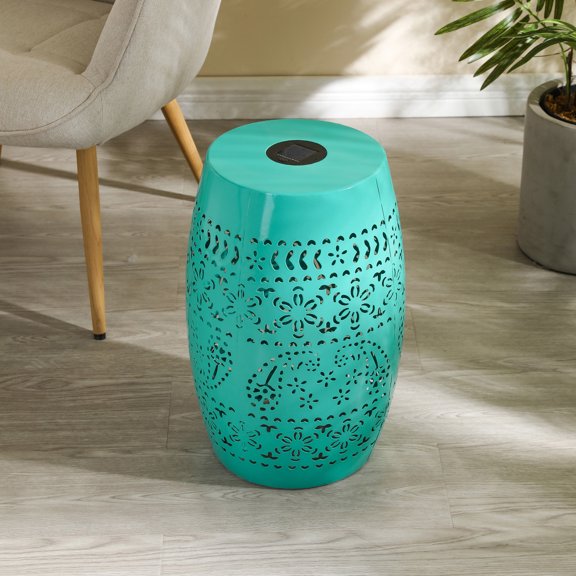 Iron Outdoor Patio Side Table with Solar Powered Light, Teal