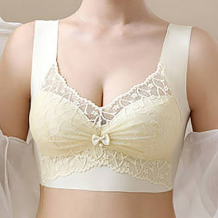Seasonal Savings  Women s French Lace Seamless Camisole Bra  Backless Bralette  No Wire  Gathered Fixed Cup  Non Steel Ring  Soft Comfort  For Everyday  Nursing Friendly  Plus Size Bra | Yellow XL