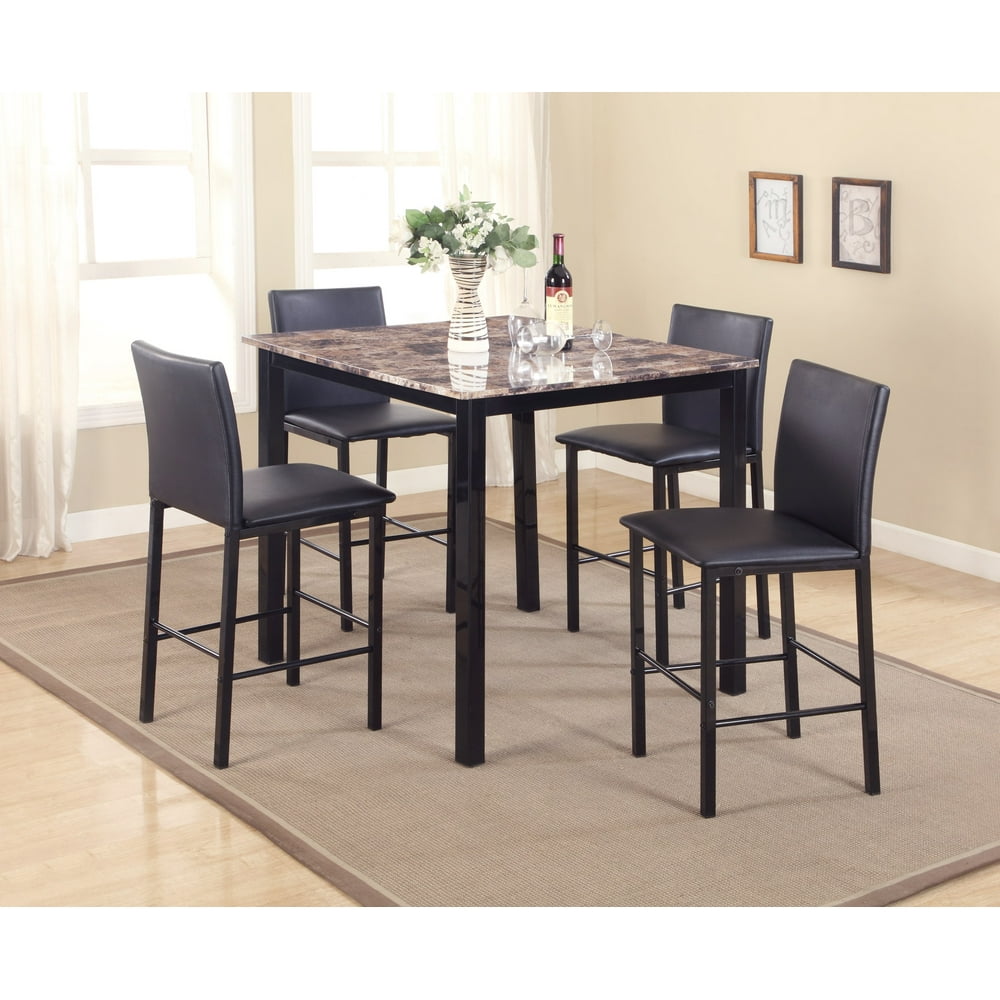 Roundhill 5 Piece Citico Counter Height Metal Dinette Set with Laminated Faux Marble Top, Black 