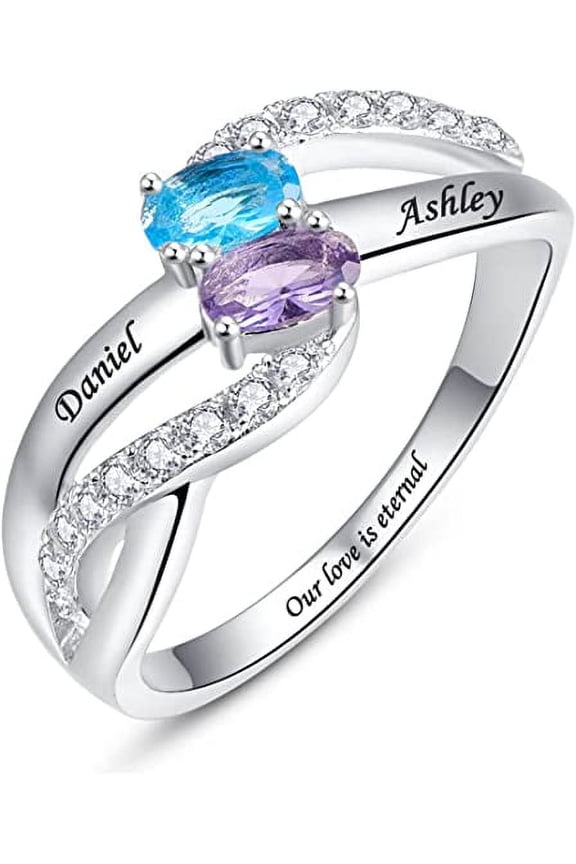 925 Sterling Silver Customized Name Rings with 2 Oval Cut Simulated Birthstones for Women Personalized Mothers Ring Twisted Eternity Bands with 2 Names