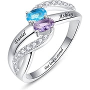925 Sterling Silver Customized Name Rings with 2 Oval Cut Simulated Birthstones for Women Personalized Mothers Ring Twisted Eternity Bands with 2 Names